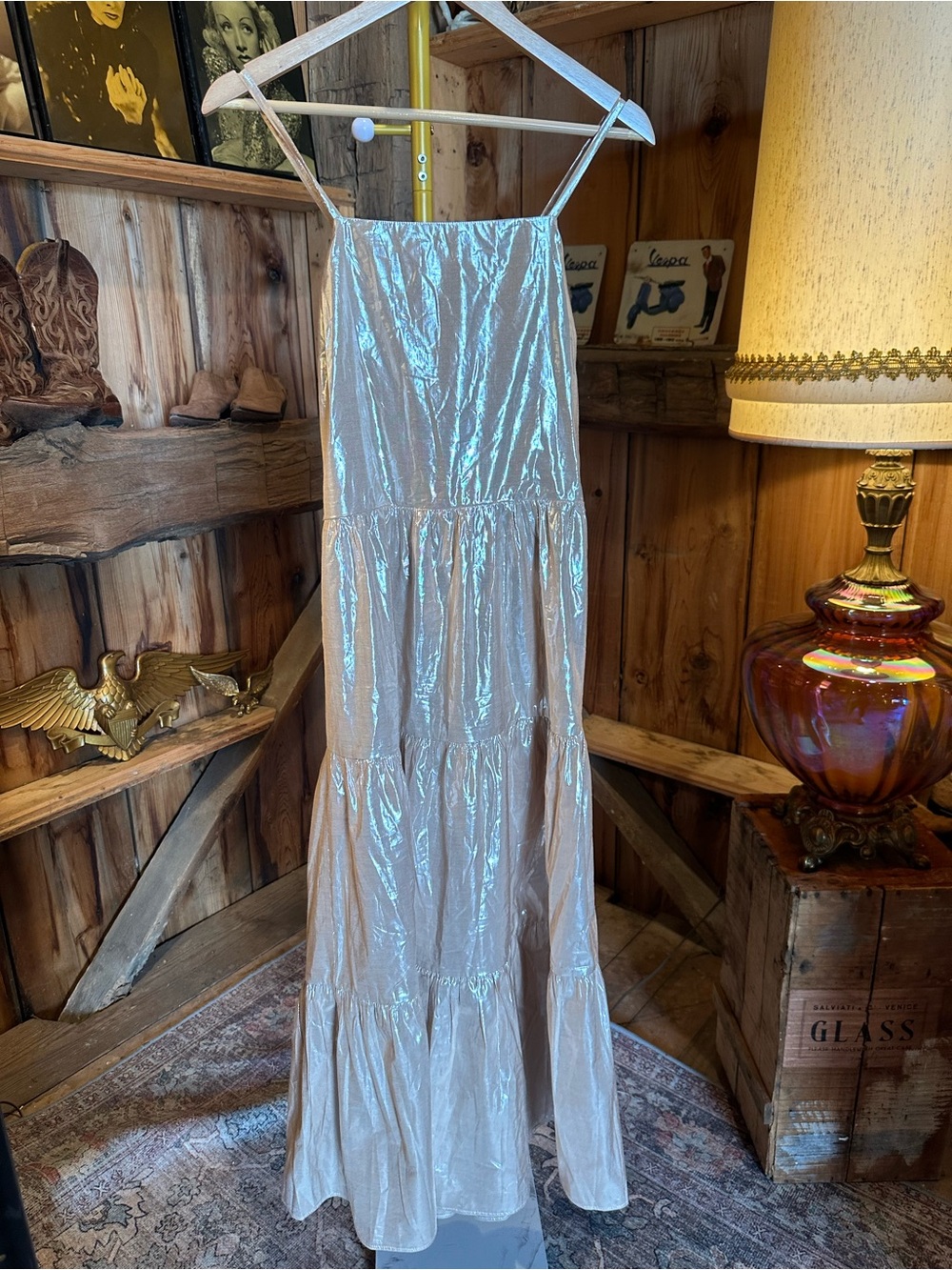 GAP Iridescent Pearl White Spaghetti-Strap Maxi Dress